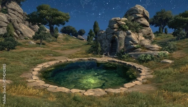 Fototapeta Circular pool nestled in a rocky landscape under starry night sky
