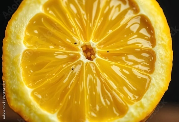 Fototapeta Close-up of a lemon being bitten into, revealing juicy pulp and seeds,  dessert,   ripe