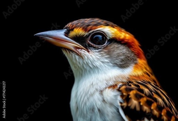 Fototapeta Close-up of a sparrow's head and eye against a pure black background,  isolated,  fauna