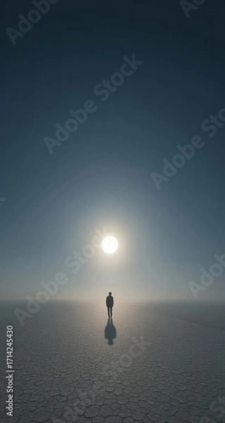 Fototapeta A solitary figure stands on a vast, flat plain, facing a bright sun