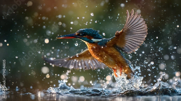 Fototapeta A kingfisher bird flying out of the water with water droplets around it in a blurred background
