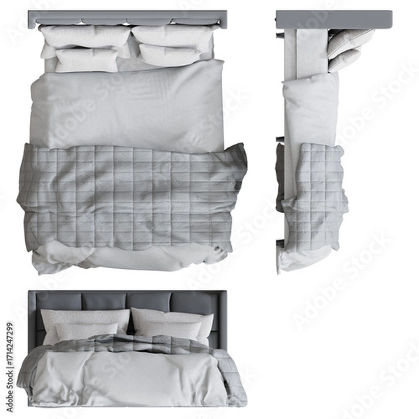 Fototapeta Bed 3D Rendering Stock Illustration on transparent background, top view, side view and front view.