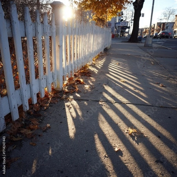 Fototapeta Sunlight casts long shadows on a white picket fence bordering a city street lined with autumn leaves