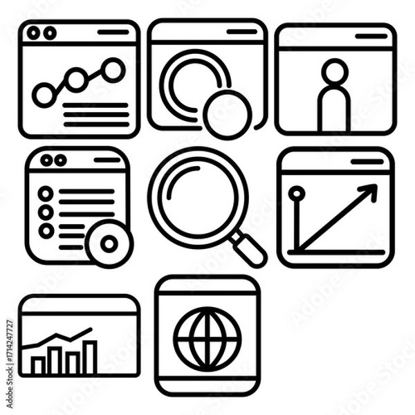 Fototapeta Vector Monochrome Line Art Icon set for SEO