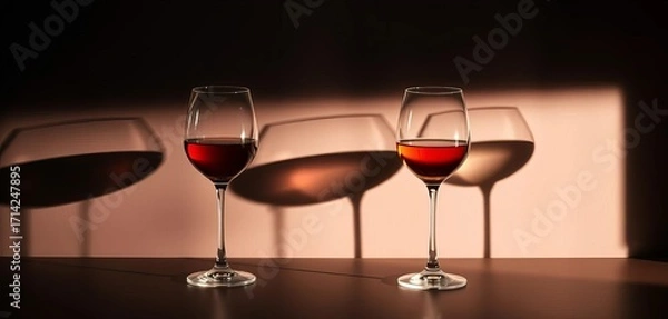 Fototapeta Elegant wine glasses cast dramatic shadows on a dark background,  photography,  shadow art