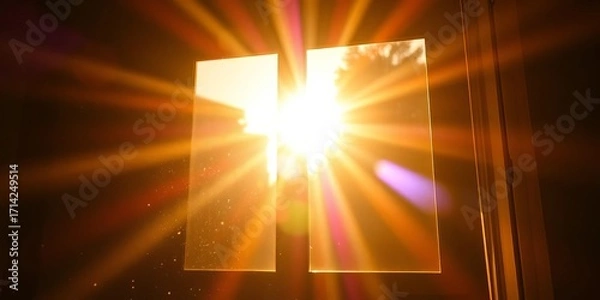 Fototapeta Golden hour sunlight streams through window, illuminating dust motes in air, daylight, shadow