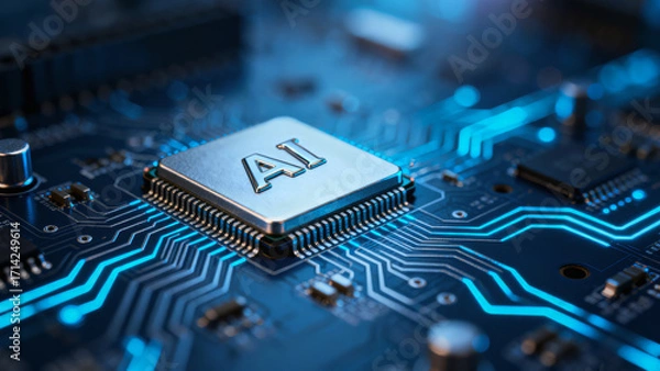 Fototapeta A close-up image of a microchip featuring "AI" on it, surrounded by intricate blue circuit patterns.