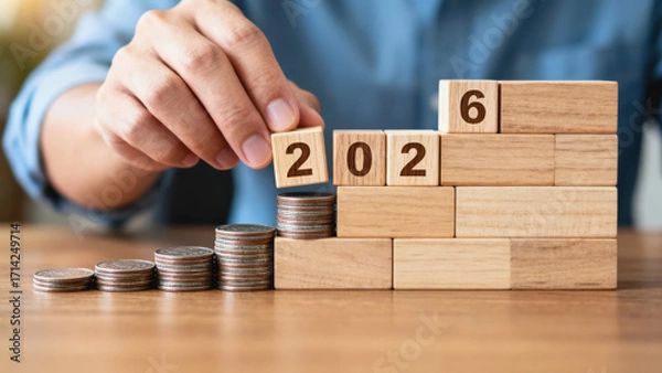 Fototapeta A hand places a wooden block marked "2026" atop a stack of coins and wooden blocks, symbolizing financial growth and planning.