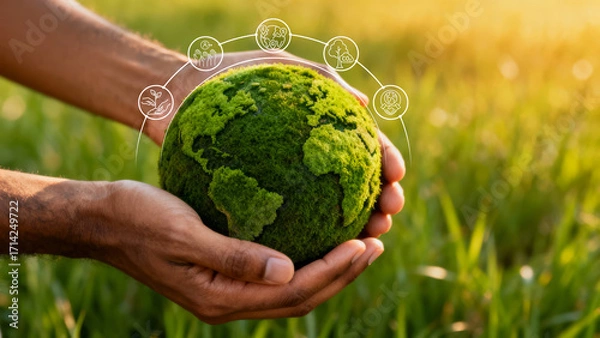 Fototapeta A person holds a moss-covered globe, symbolizing environmental awareness and the importance of protecting the planet.