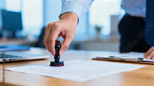 Fototapeta A hand is applying a stamp to a document on a desk with a laptop and clipboard, symbolizing official approval or verification.