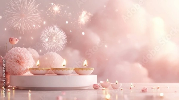 Fototapeta Banner design for diwali festival and podium,Diwali light decoration candle with fireworks,Stage,Product display Showcase design sparkle background,Deepavali,Dipavali,3D podium illustration.