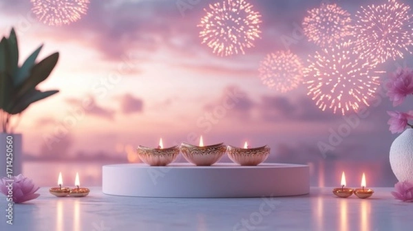 Fototapeta Banner design for diwali festival and podium,Diwali light decoration candle with fireworks,Stage,Product display Showcase design sparkle background,Deepavali,Dipavali,3D podium illustration.