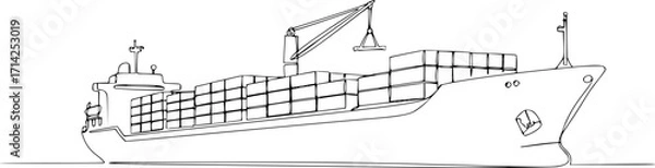Fototapeta One continuous line drawing of a cargo ship is preparing to unload its cargo at the port vector illustration. Sea transportation design concept. Vector black silhouette. with white background