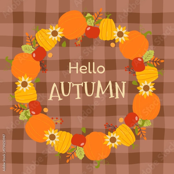 Fototapeta Bright wreath pumpkins, apples, and flowers on autumn poster. Hello autumn. Checkered tablecloth or blanket background with autumn harvest. Vector