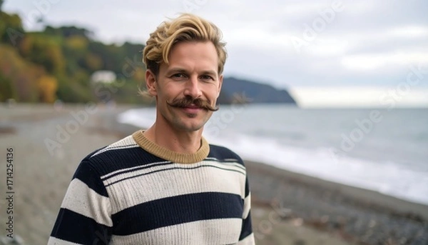 Obraz Man with mustache on beach