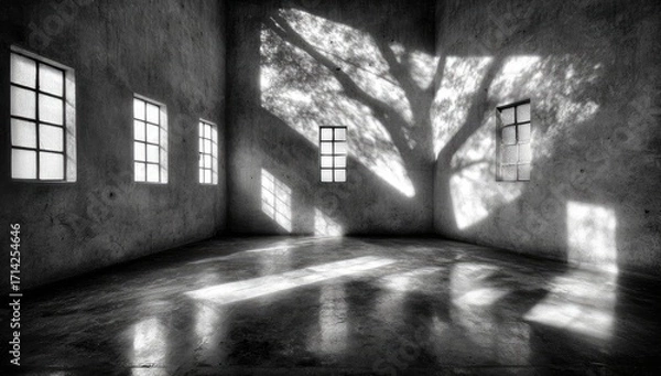 Fototapeta Interior space, shadowy, light & shadow play.  Gray walls, multiple windows, tree shadows