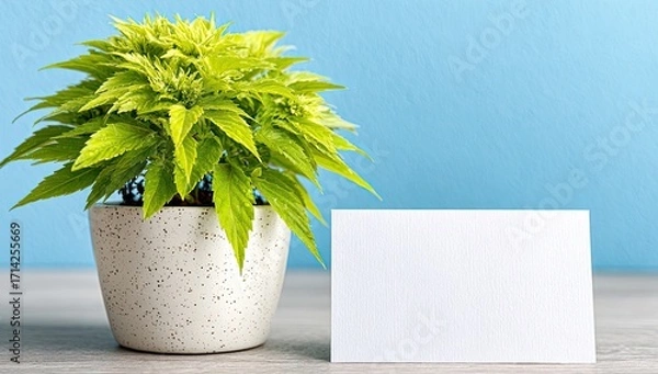 Fototapeta A potted plant with a blank card.  A small, vibrant green plant sits in a speckled off-white pot.  A plain white card rests beside the pot on a light gray surface against a light blue wall