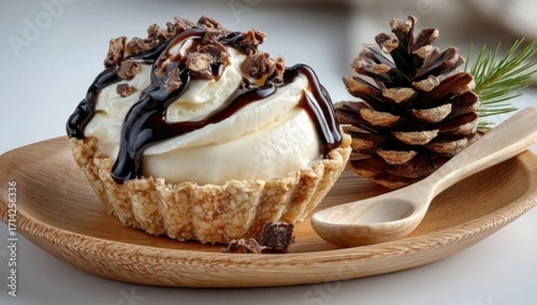 Fototapeta Creamy ice cream dessert in a crisp pastry shell, drizzled with dark chocolate