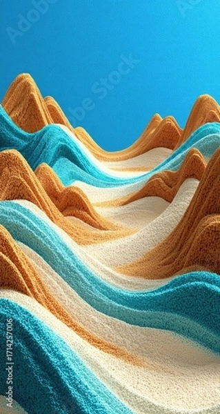 Fototapeta Abstract landscape of undulating, textured hills in light beige, cream, and teal colors against a vibrant blue sky