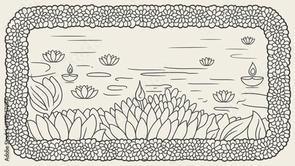 Obraz Outline drawing of lotuses and diyas floating on water surrounded by a flower border design