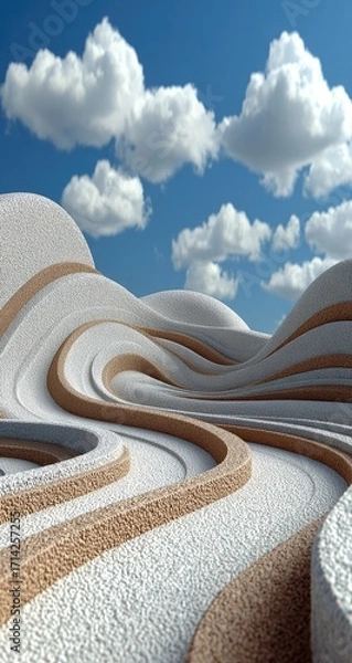 Fototapeta Abstract landscape with layered, swirling forms of light beige and white, set against a bright blue sky with puffy white clouds