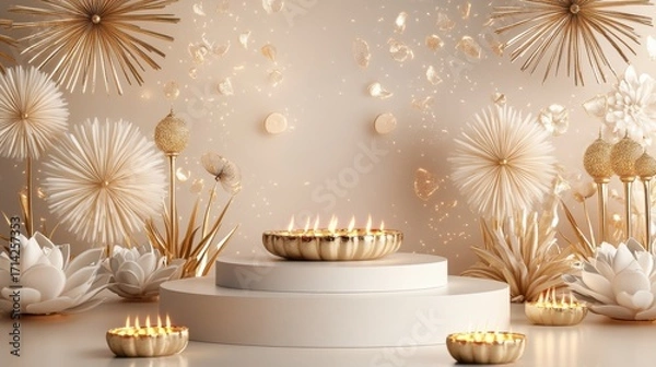 Fototapeta Banner design for diwali festival and podium,Diwali light decoration candle with fireworks,Stage,Product display Showcase design sparkle background,Deepavali,Dipavali,3D podium illustration.