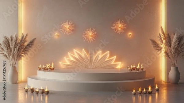 Fototapeta Banner design for diwali festival and podium,Diwali light decoration candle with fireworks,Stage,Product display Showcase design sparkle background,Deepavali,Dipavali,3D podium illustration.