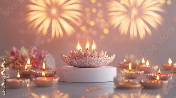 Fototapeta Banner design for diwali festival and podium,Diwali light decoration candle with fireworks,Stage,Product display Showcase design sparkle background,Deepavali,Dipavali,3D podium illustration.