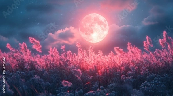 Fototapeta Full moon and Japanese pampas grass in midnight,The harvest Miscanthus sinensis and full moon,beautiful night sky in the countryside with the perfect moon exudes beauty in the dark.