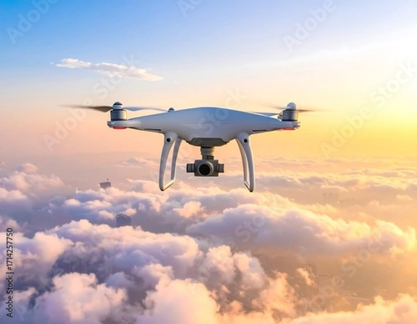 Fototapeta Drone above clouds at sunrise