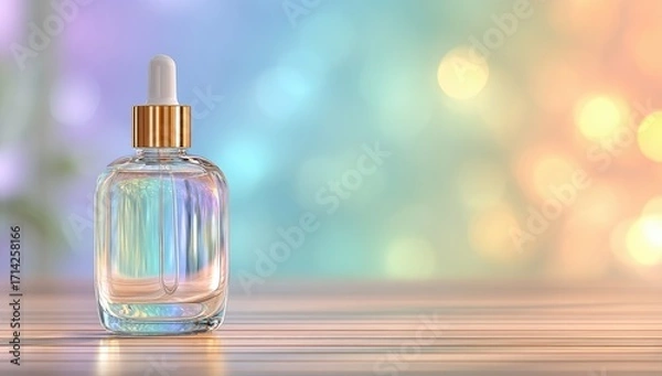 Fototapeta Clear glass dropper bottle on wooden surface, colorful bokeh background