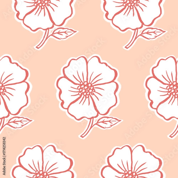 Obraz Simple seamless pattern with rose hip bloom in peach pink color palette.