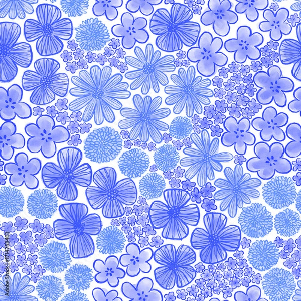 Obraz Small scattered floral seamless pattern. Monochrome blue meadow hand drawn repeat.
