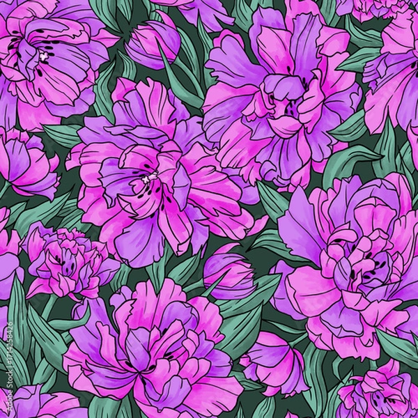 Obraz Graphic purple tulips seamless pattern. Raster floral background.