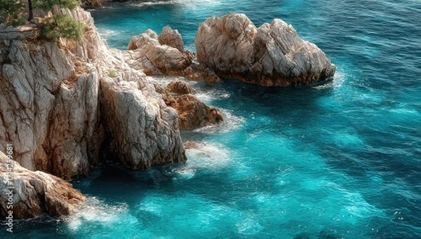 Fototapeta Coastal cliffs meet turquoise sea.  Waves lap at light-colored rocks.  Atop the cliffs, green foliage is visible.  High angle view