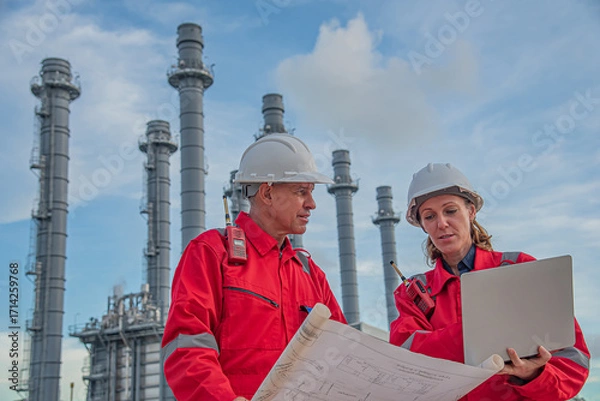 Fototapeta Efficient teamwork in industrial setting with laptop and Industrial Plant or Refinery in the Background