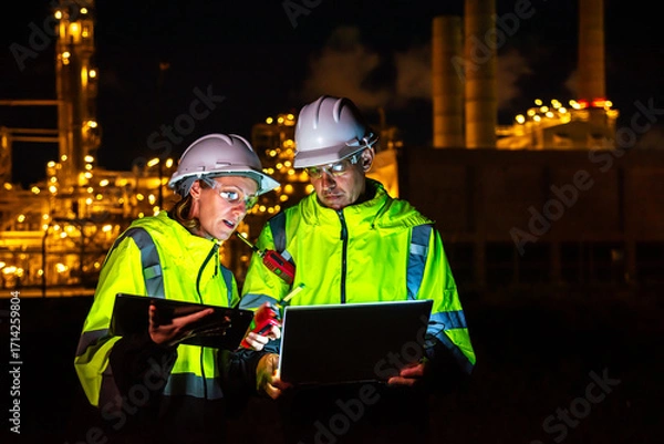 Fototapeta Team of construction engineers in uniforms and helmets examine project with tablet Industrial plant or oil refinery background at night