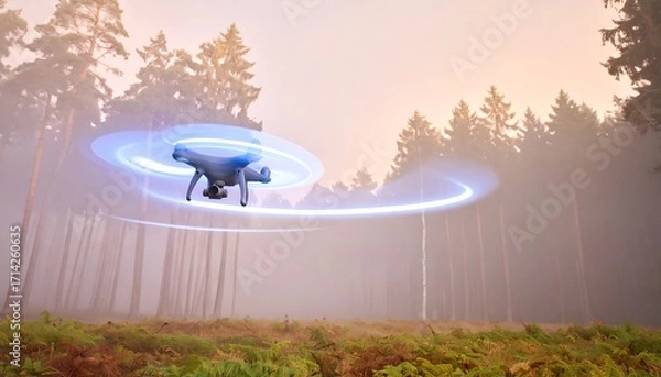 Fototapeta Drone flying in a misty forest