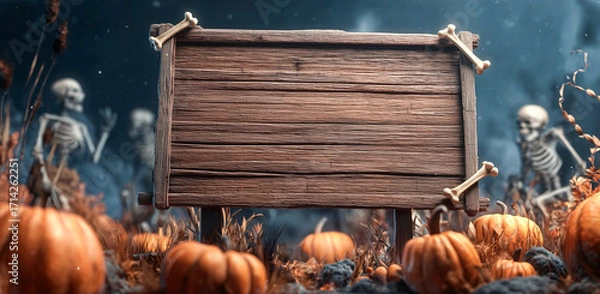 Fototapeta Rustic wooden sign with bone corners and orange pumpkins on ground with skeletons and blue full moon in graveyard setting