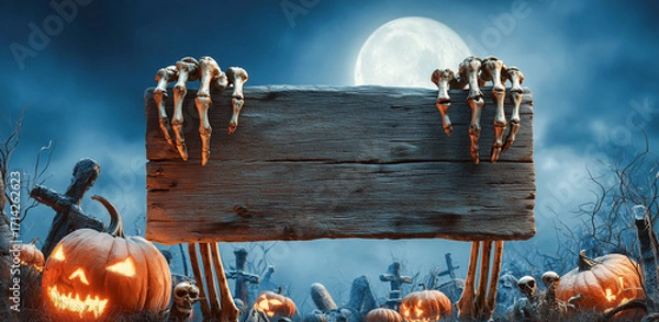 Fototapeta Wooden Halloween Sign with Skeleton Hands and Carved Pumpkins in Forest Graveyard under Dark Sky with Full Moon
