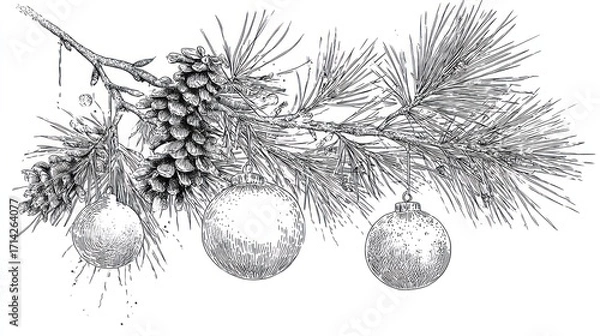 Fototapeta A Detailed Ink Drawing of Pine Branch with Ornaments
