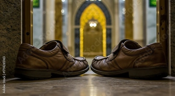 Obraz A Pair of Brown Leather Shoes Placed Facing Each Other in a Mosque Entrance.
