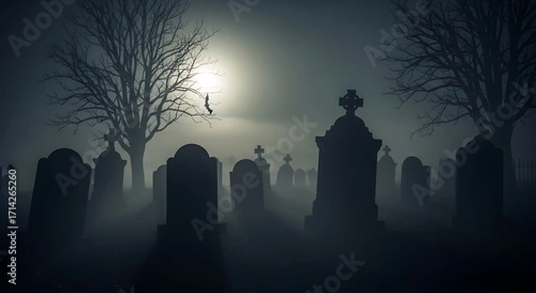 Fototapeta Eerie Moonlight Illuminates Fog-Shrouded Cemetery - A Gothic Scene.