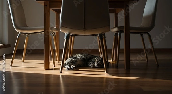 Obraz A Tabby Cat Slumbers Peacefully in a Sunbeam Under a Dining Table Amidst Shadows.