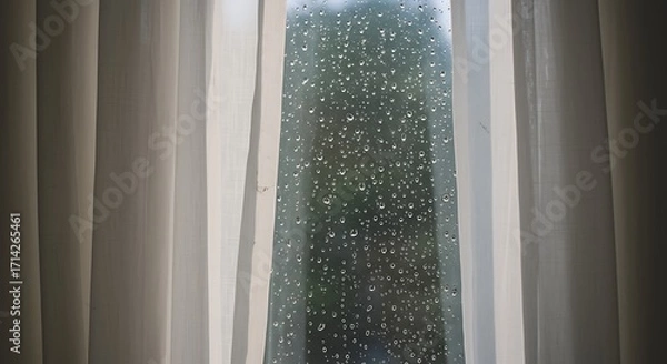 Obraz A Quiet View of Raindrops on a Window Pane Framed by Soft Muted Curtains.