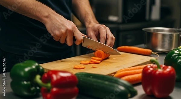 Obraz Chefs Hands Precisely Slicing Carrots on Wooden Board Vibrant Vegetables in Focus.