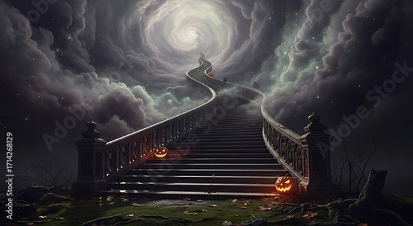 Fototapeta Gothic Halloween Stairway Ascending into a Swirling Celestial Vortex.