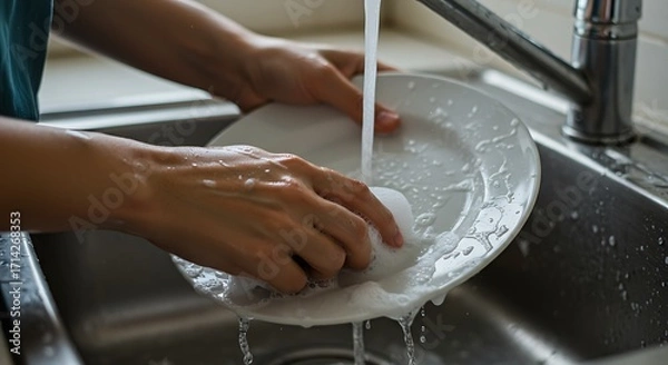 Obraz Closeup of Hands Washing a Decorated Plate in a Kitchen Sink.