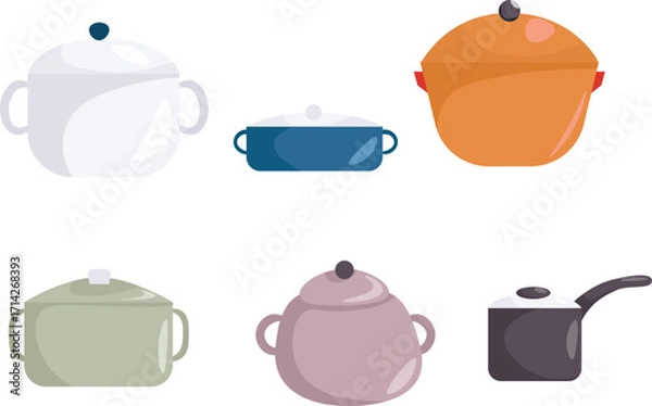 Fototapeta Pots and pans. Kitchen utensils, a collection of cartoon kitchen cooking utensils, vector illustration of elements for boiling and frying, isolated on white background.