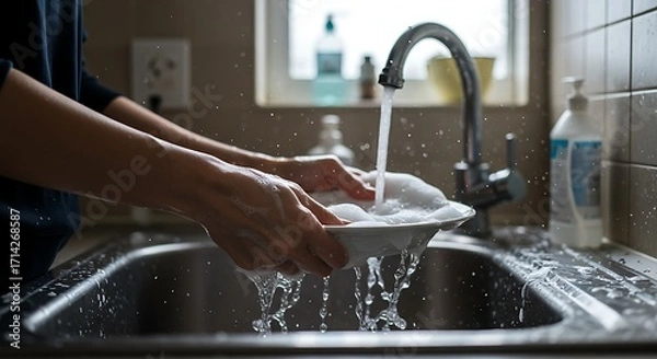 Obraz Closeup of Hands Washing a Soapy Plate Under Running Water in a Kitchen Sink.